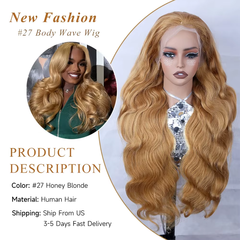 Perruque frontale en dentelle HD 13x6, couleur blonde miel, vague corporelle, perruque frontale en d