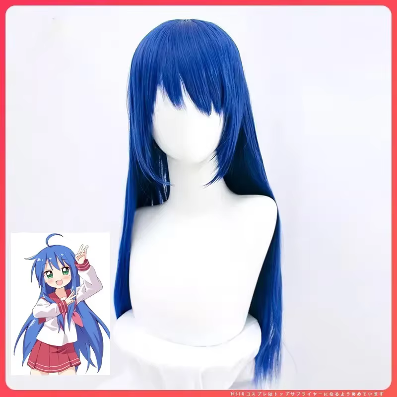 Lucky Star Izumi KonMiCosplay Perruque, Cheveux Synthétiques Longs, Bleu, Frange Noire, Costume Anim