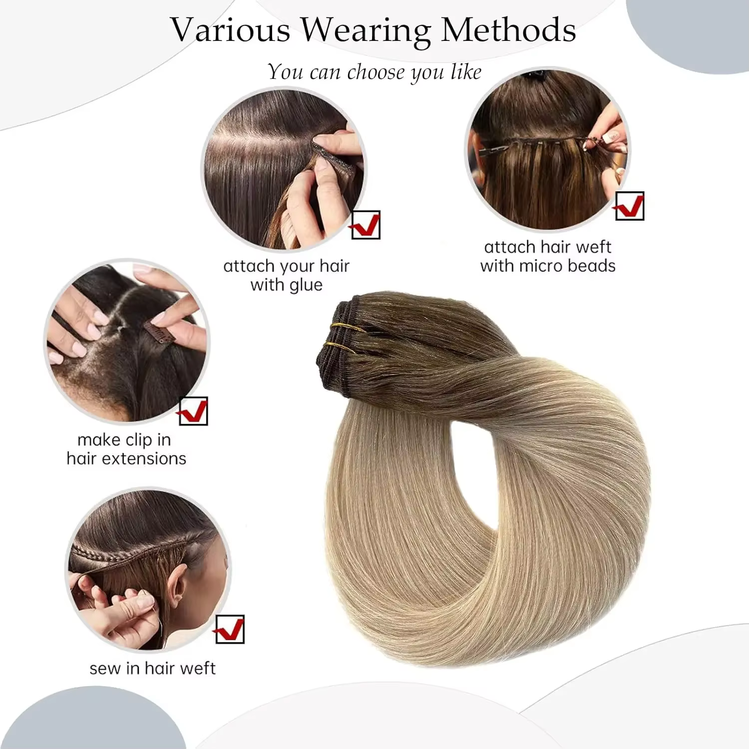 Extensions de cheveux vietnamiens lisses, tissage de cheveux humains, blonds avec mèches décolorées,