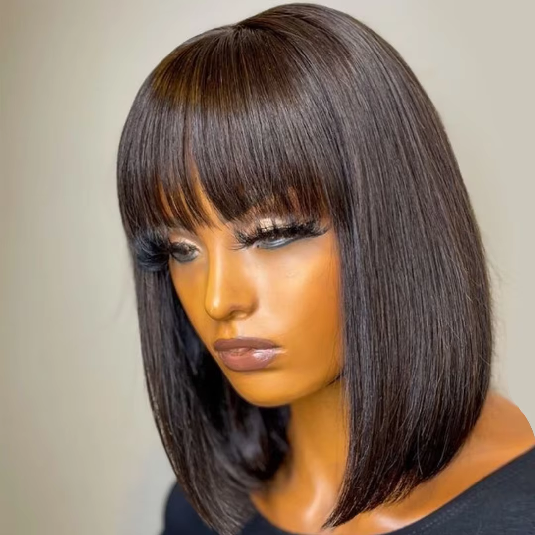 Perruque brésilienne courte Bob avec frange pour femme, perruque à franges bon marché, perruque enti