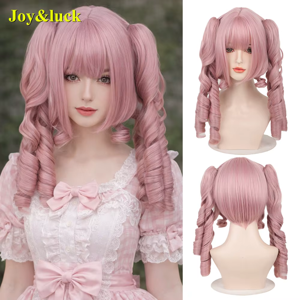 Perruque double queue de cheval bouclée style Lolita Kawaii rose, style victorien, cheveux synthétiq