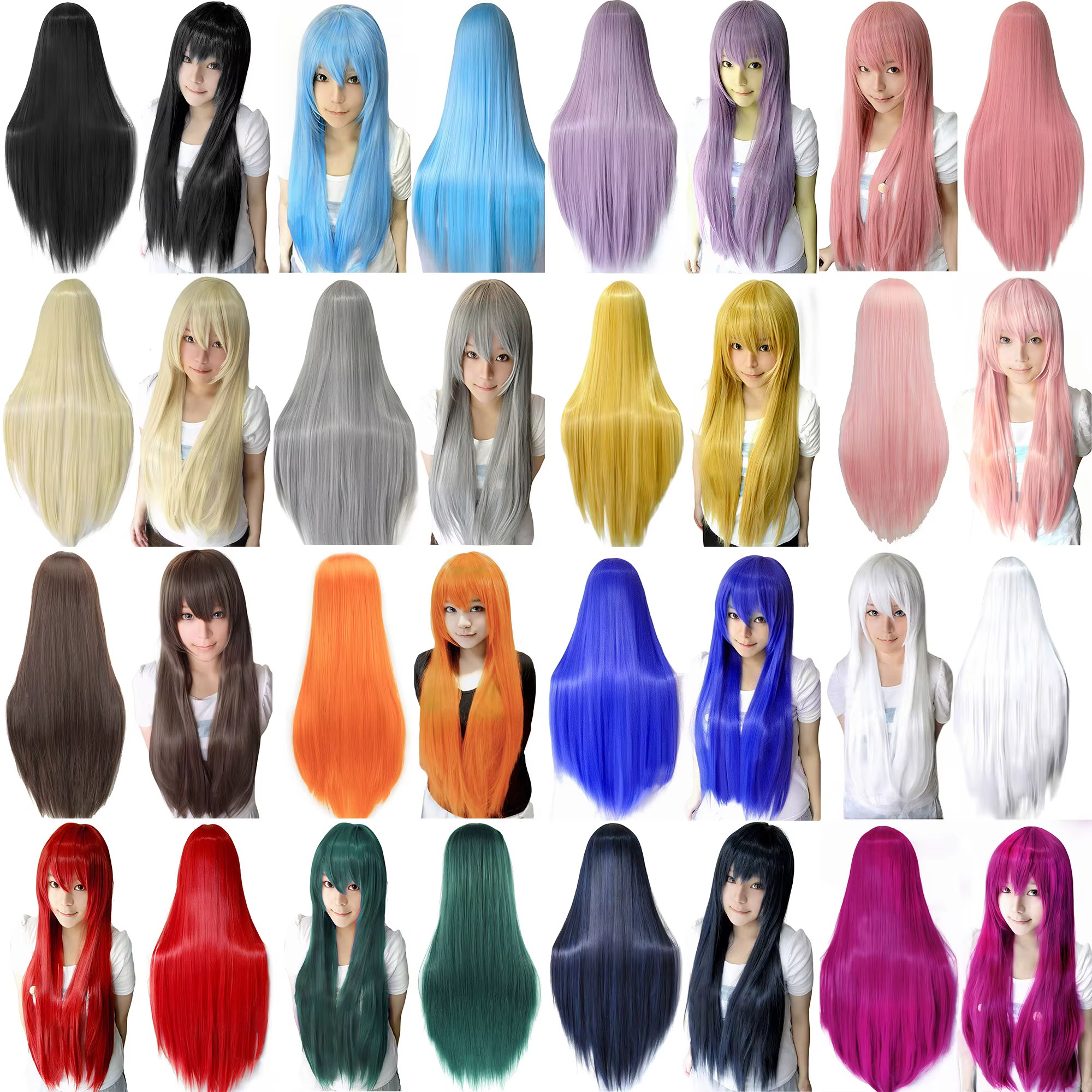 Perruque de Cosplay synthétique lisse de 80cm, postiche Lolita blanche violette verte argent rose av