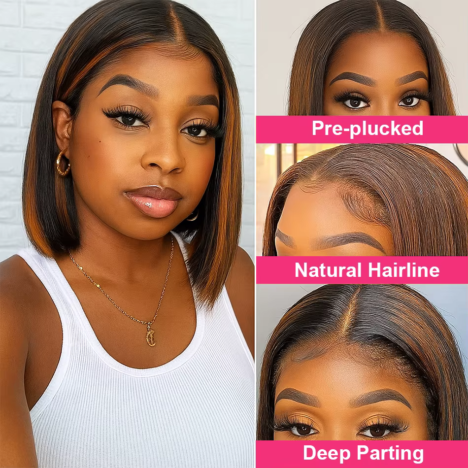 # Perruque Bob Lace Front Wig naturelle lisse à reflets 4/350, 13x4, cheveux humains, couleur marron