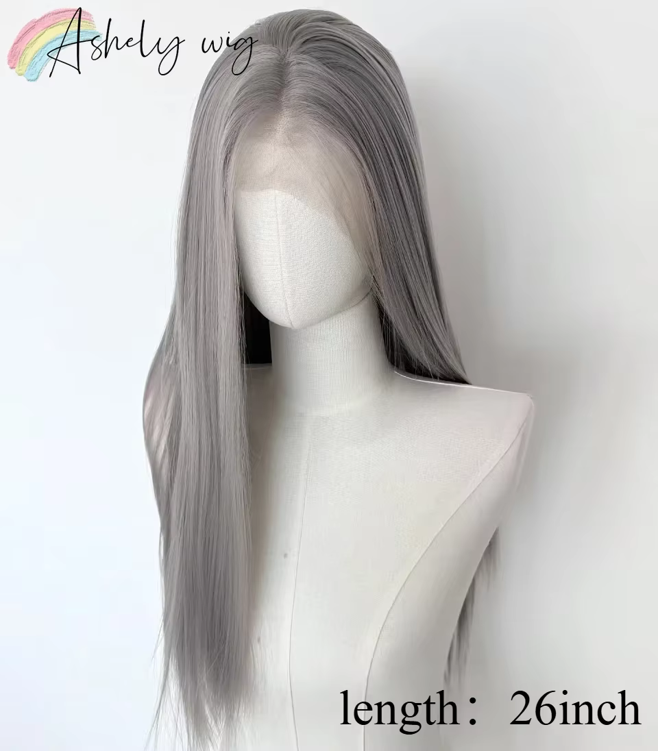 Perruque Lace Front Wig synthétique lisse grise 26 pouces, 13x4, perruques de haute qualité, Fibers