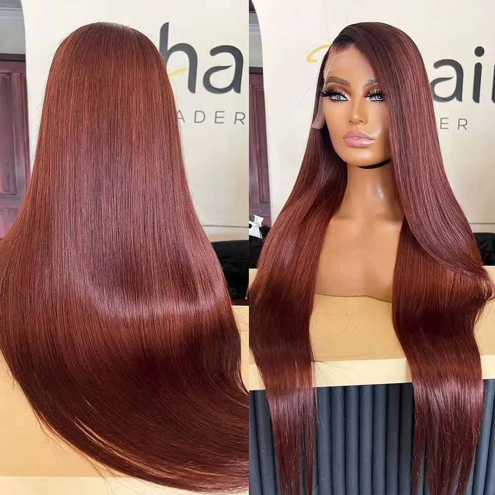 Perruque Lace Front Wig Brésilienne Naturelle Cheveux Lisses, Brun Rousse, Auburn, Cuivre, 13x6, Den