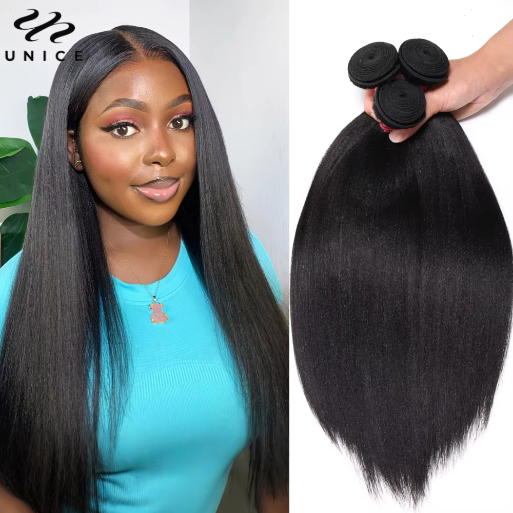 Unice Hair Yaki droit 3 paquets traiter couleur naturelle 100% paquets de cheveux humains coudre en 