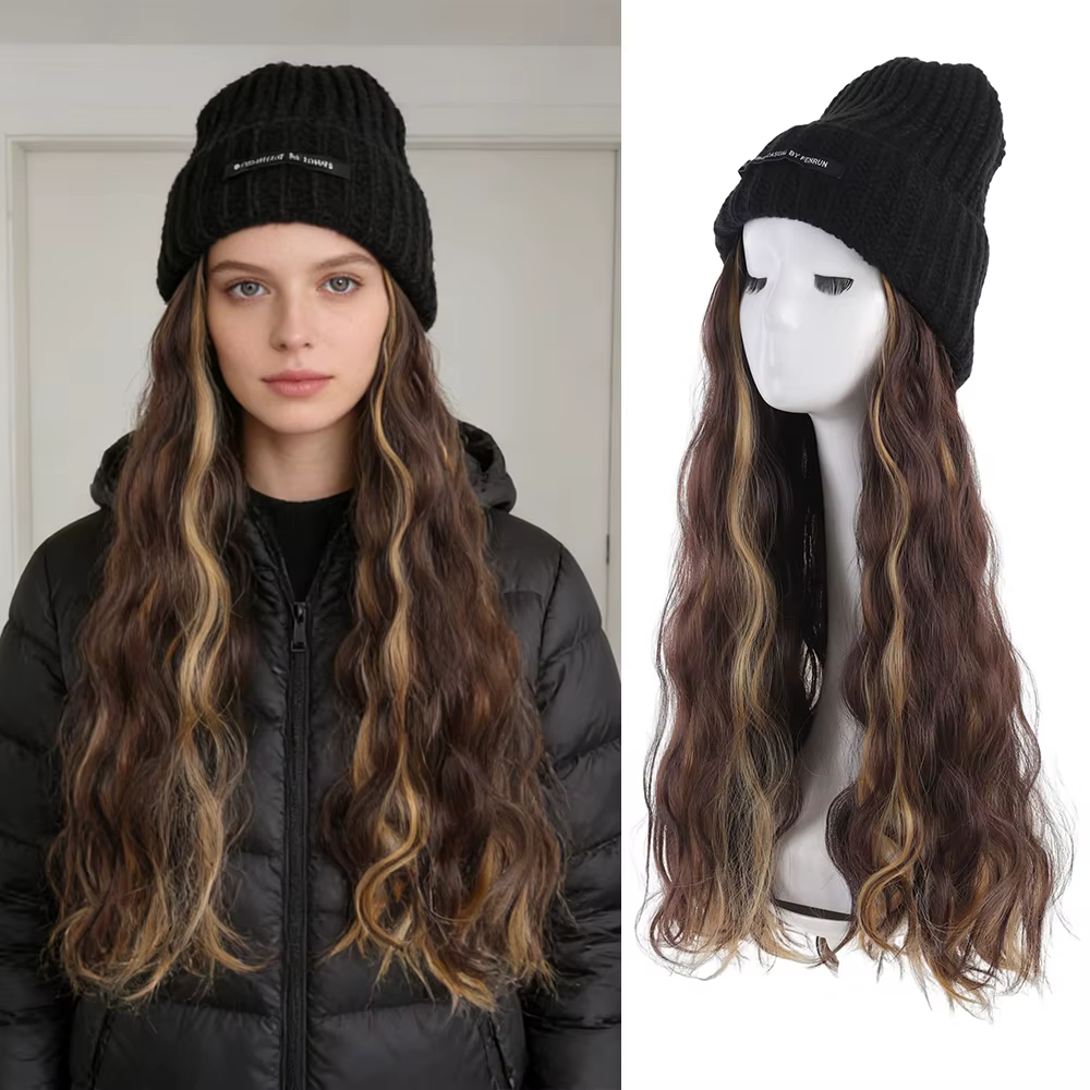 Bonnet en tricot avec extensions de cheveux synthétiques longues et ondulées intégrées, perruque pou