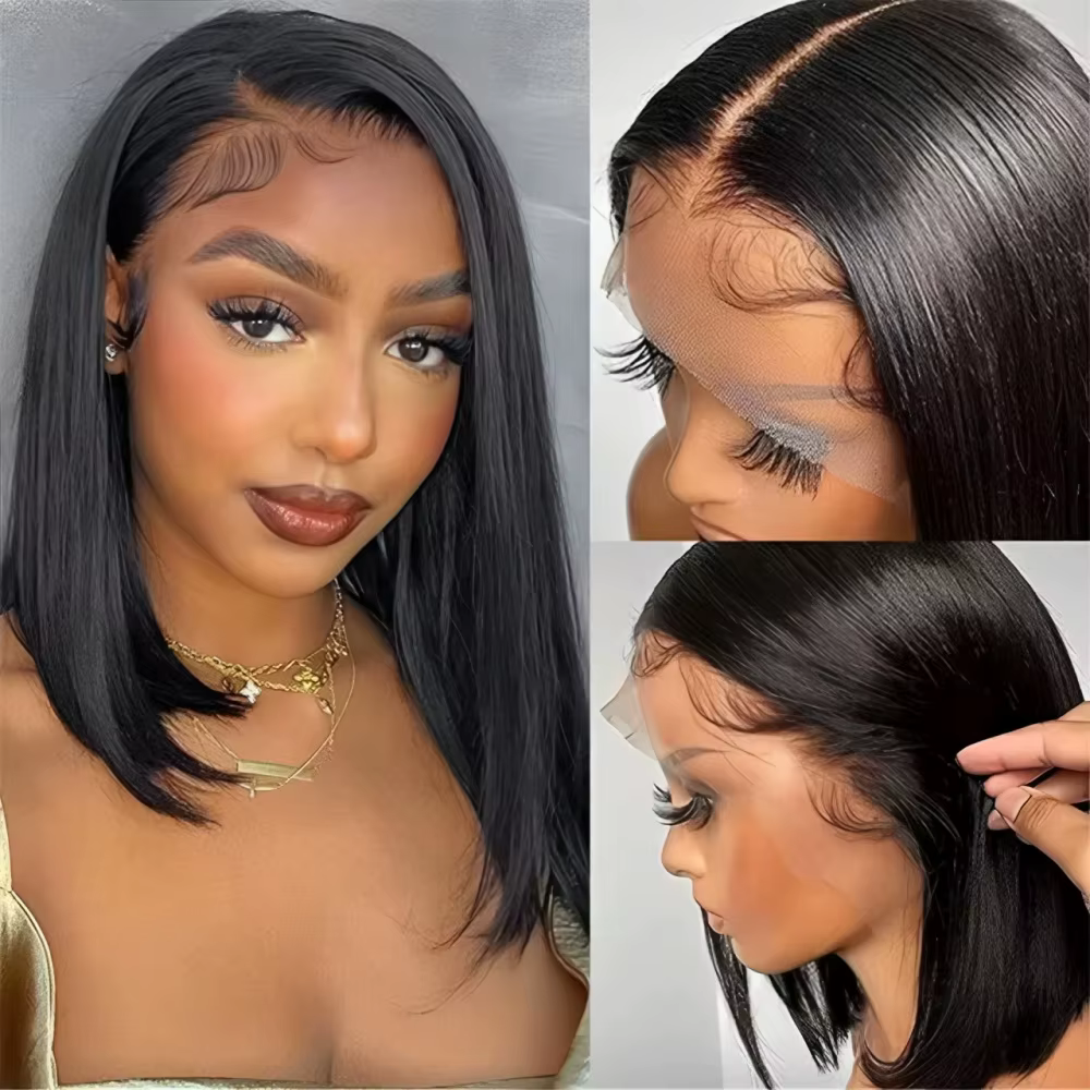 Perruque Lace Front 13x4 Brésilienne Courte Bob Lisse Noir Naturel 8-14 Pouces Sans Colle Douce Épai