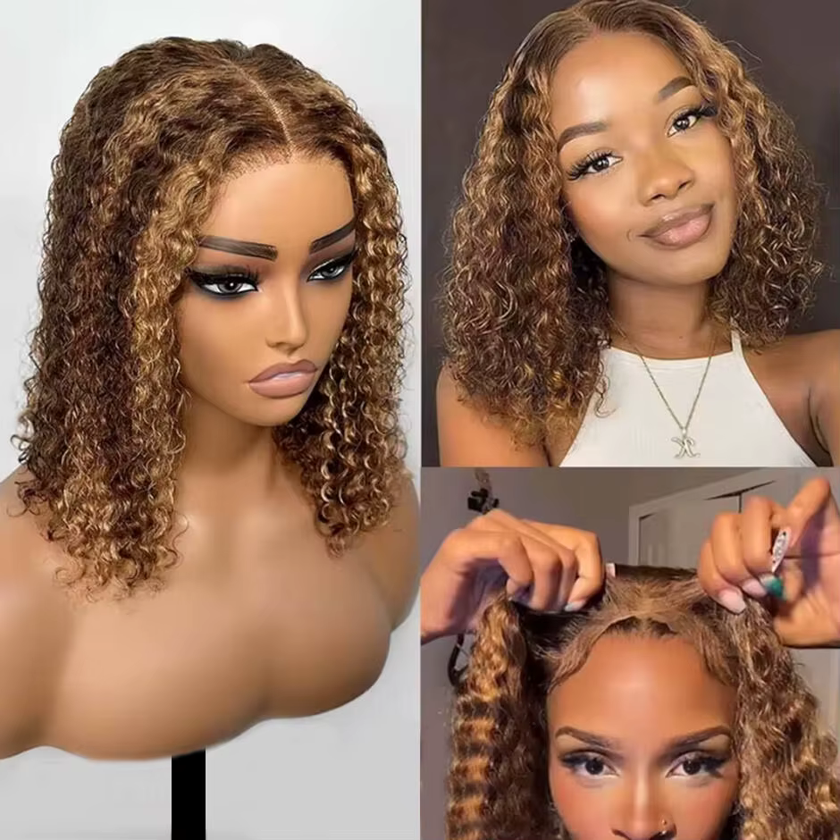 ISEE cheveux demi perruque 1B/30 mettre en évidence brun crépus bouclés porter Go sans colle perruqu