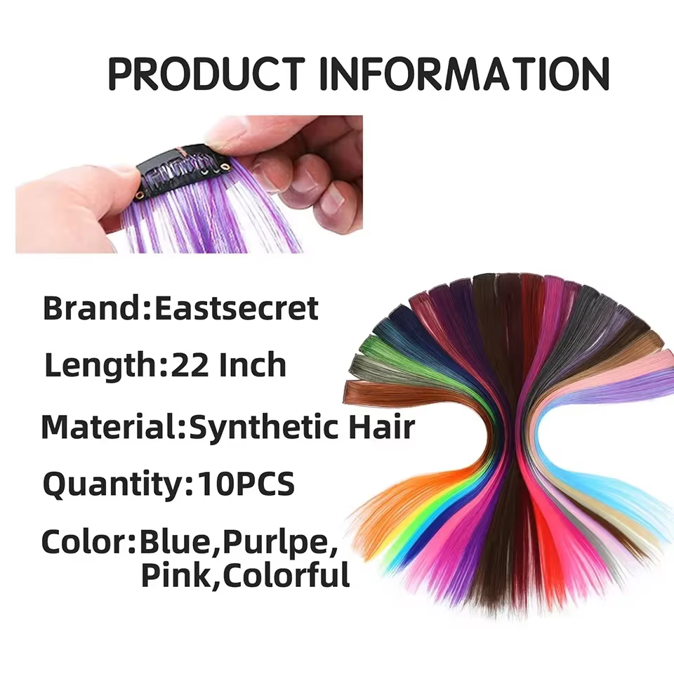 Extensions de cheveux synthétiques colorées de 22 pouces, longues et droites, arc-en-ciel, pour femm