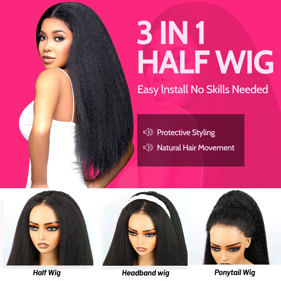 ISEE cheveux demi perruques crépus droites sans colle perruques cheveux humains mise à niveau 3 en 1
