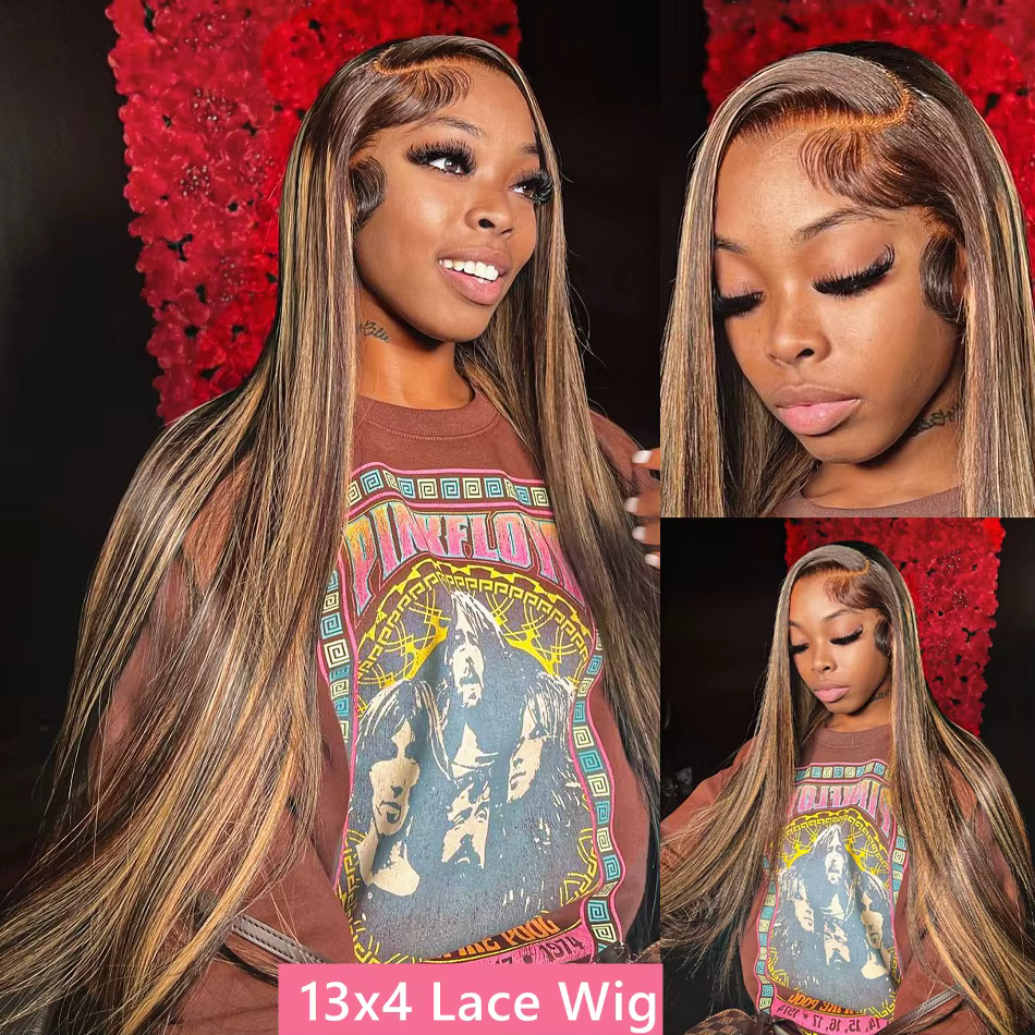 Perruque Lace Frontal Wig brésilienne naturelle, cheveux lisses, à reflets P4/27, 13x6 Hd, 30 36 pou