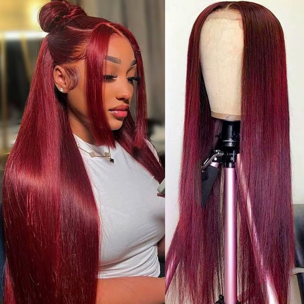 Perruque Lace Front Wig sans colle naturelle, cheveux lisses, bordeaux, HD, 5x5, 13x4, 13x6, pre-plu