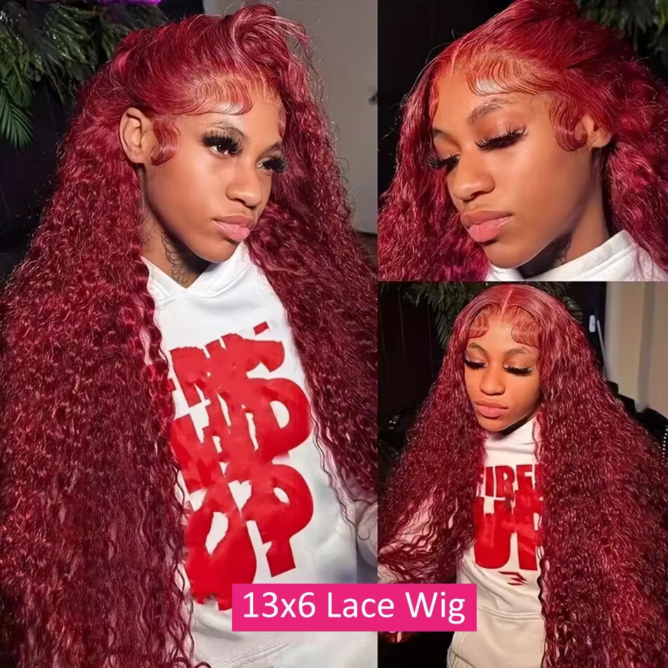 Perruque de cheveux humains bouclés 200 densité 99j Bourgogne 13x6 HD Lace Frontal, couleur Vin Roug