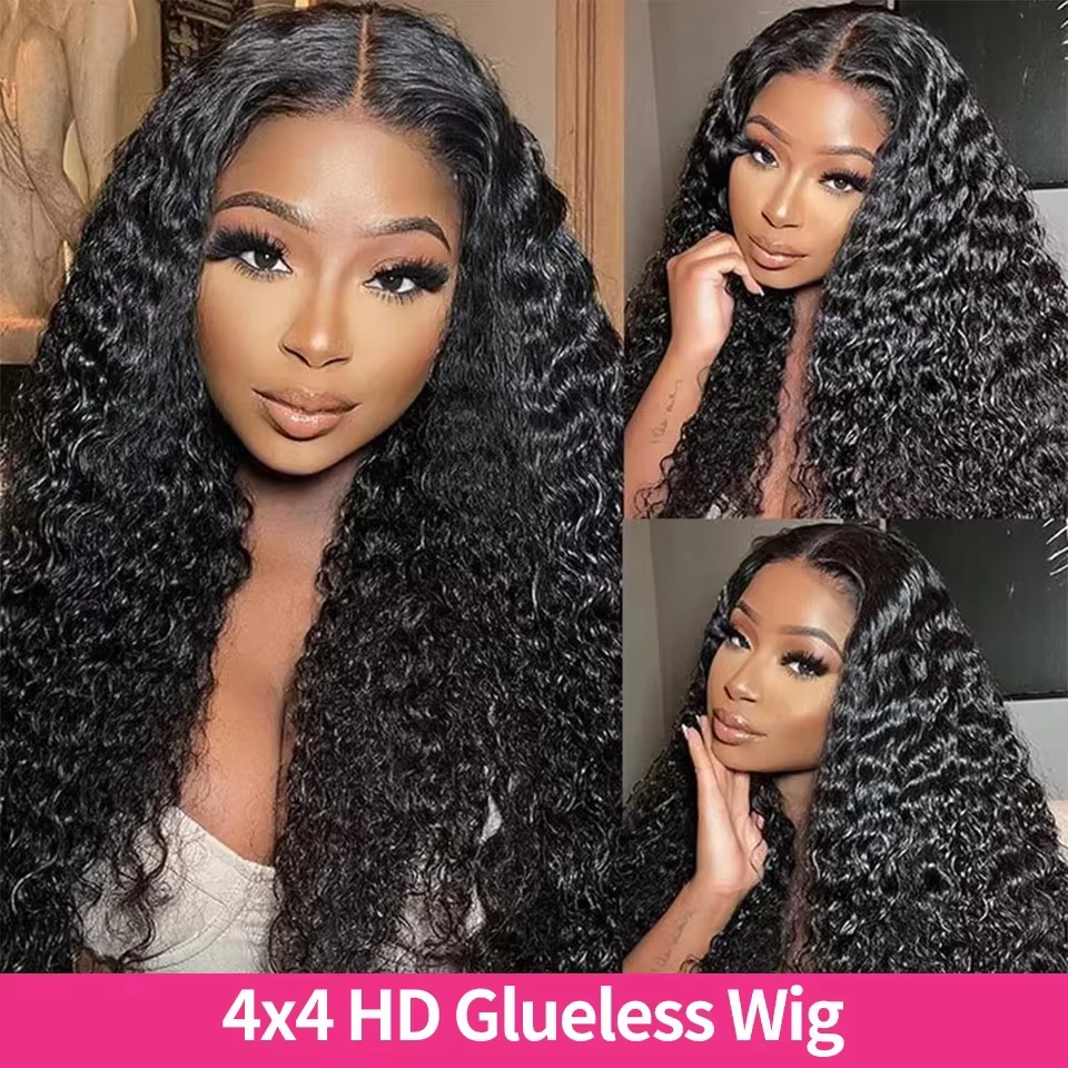 Perruque Lace Front Wig sans colle bouclée 4x4 5x5, couleur naturelle, Deep Wave, pre-coupée, brésil