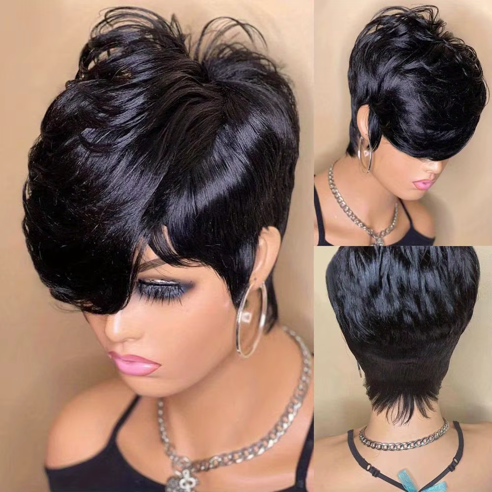 Perruques courtes Bob coupe lutin droite couleur naturelle Bob perruque avec frange brésilienne vier