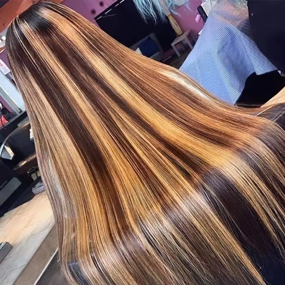 Perruque en cheveux humains 220% Highlight, Lace Front 13x4, lisse, pré-épilée, couleur 4/27, brésil