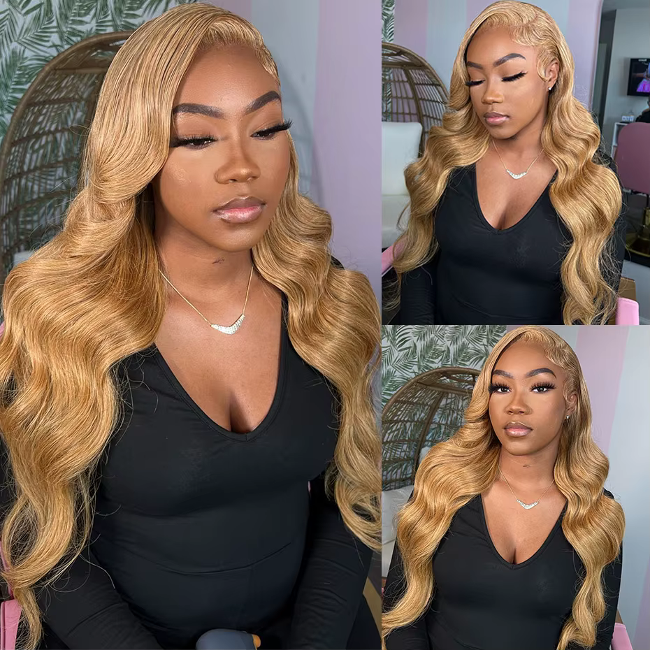 Perruque frontale en dentelle blonde miel 13x6 Body Wave brésilienne # 27 perruques de cheveux humai
