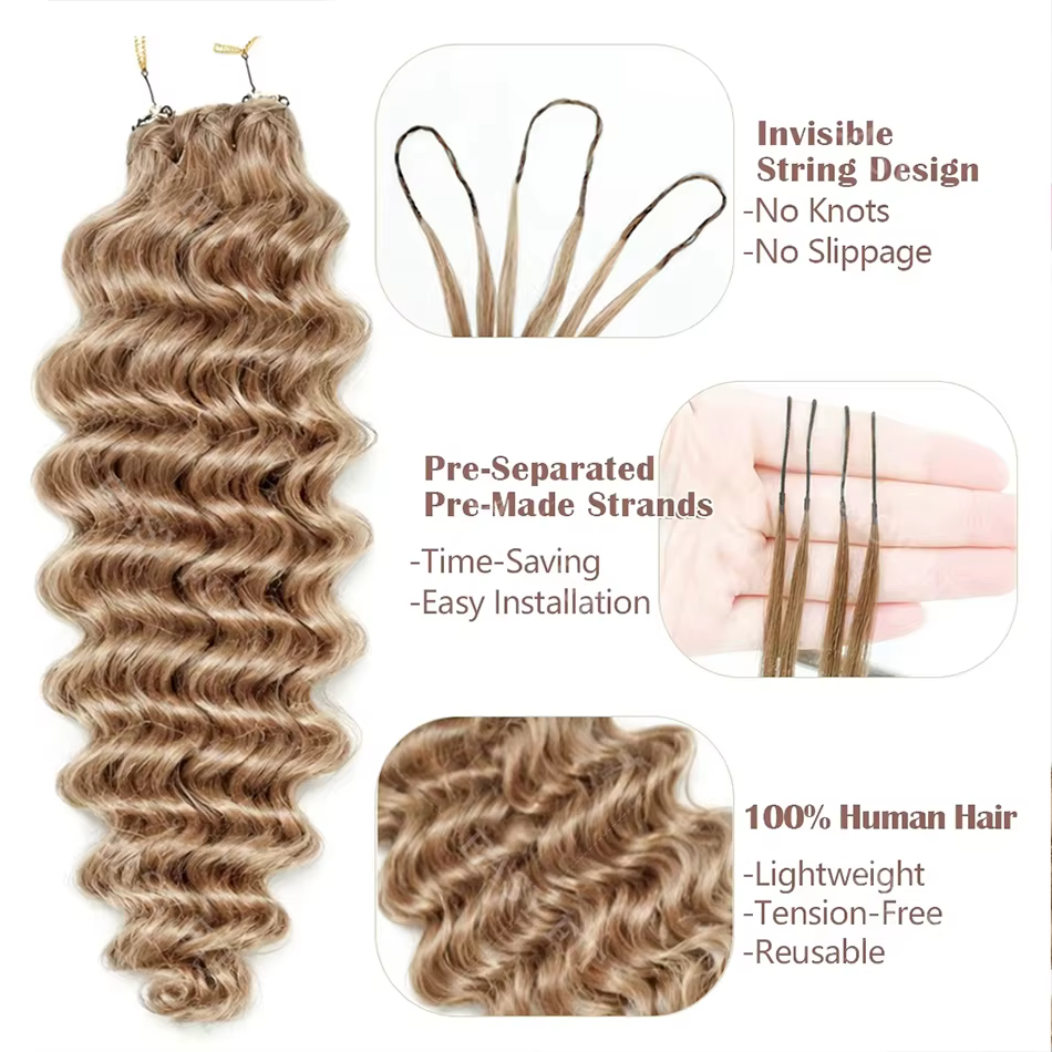 Extensions de cheveux humains pré-séparées au crochet, blond miel avec mèches, ondulations profondes