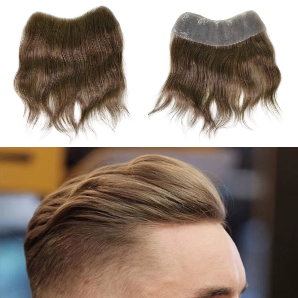 Perruque frontale pour hommes; Postiche frontale en PU pour hommes, cheveux humains haute densité, a