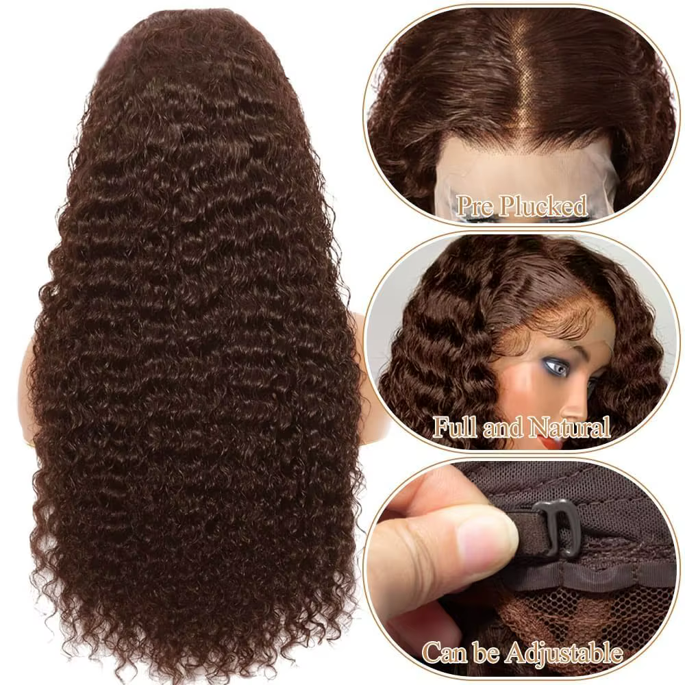 Perruque Lace Front Wig naturelle bouclée, cheveux humains, brun chocolat, densité 200%, Deep Wave, 