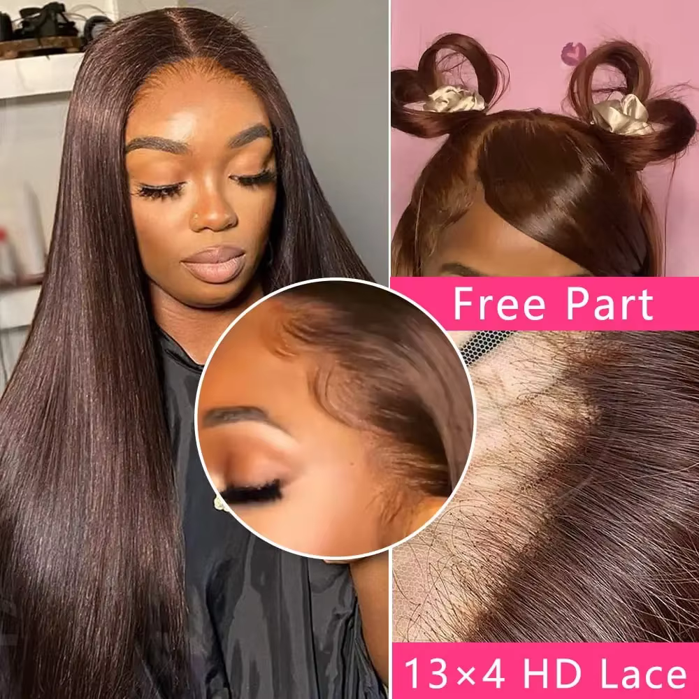 Perruques en cheveux humains lisses avec dentelle HD 13x4, densité 200, couleur chocolat # 4 perruqu