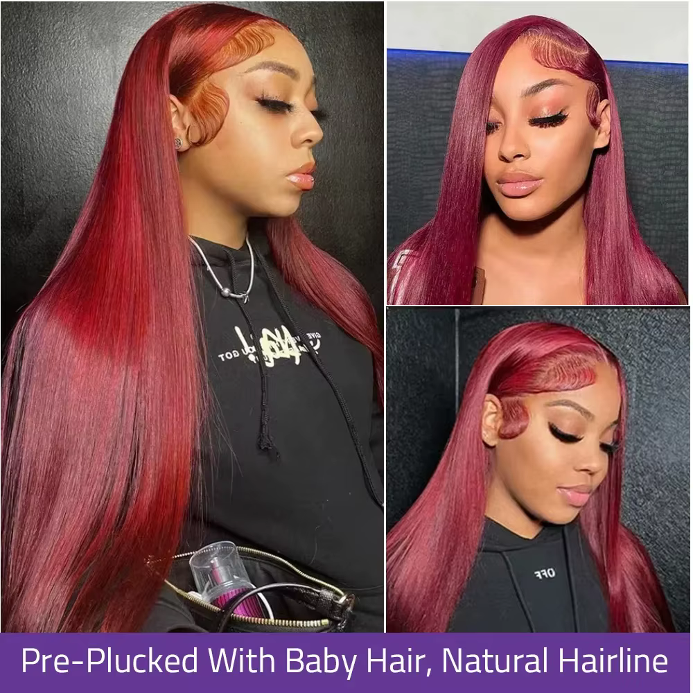 99J rouge bordeaux couleur dentelle frontale perruques de cheveux humains 13X6 HD droite dentelle av