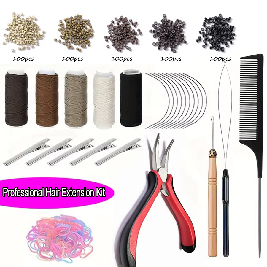 Kit d'extension de cheveux professionnel avec perles, pinces, crochet de traction, fils, aiguille-ou