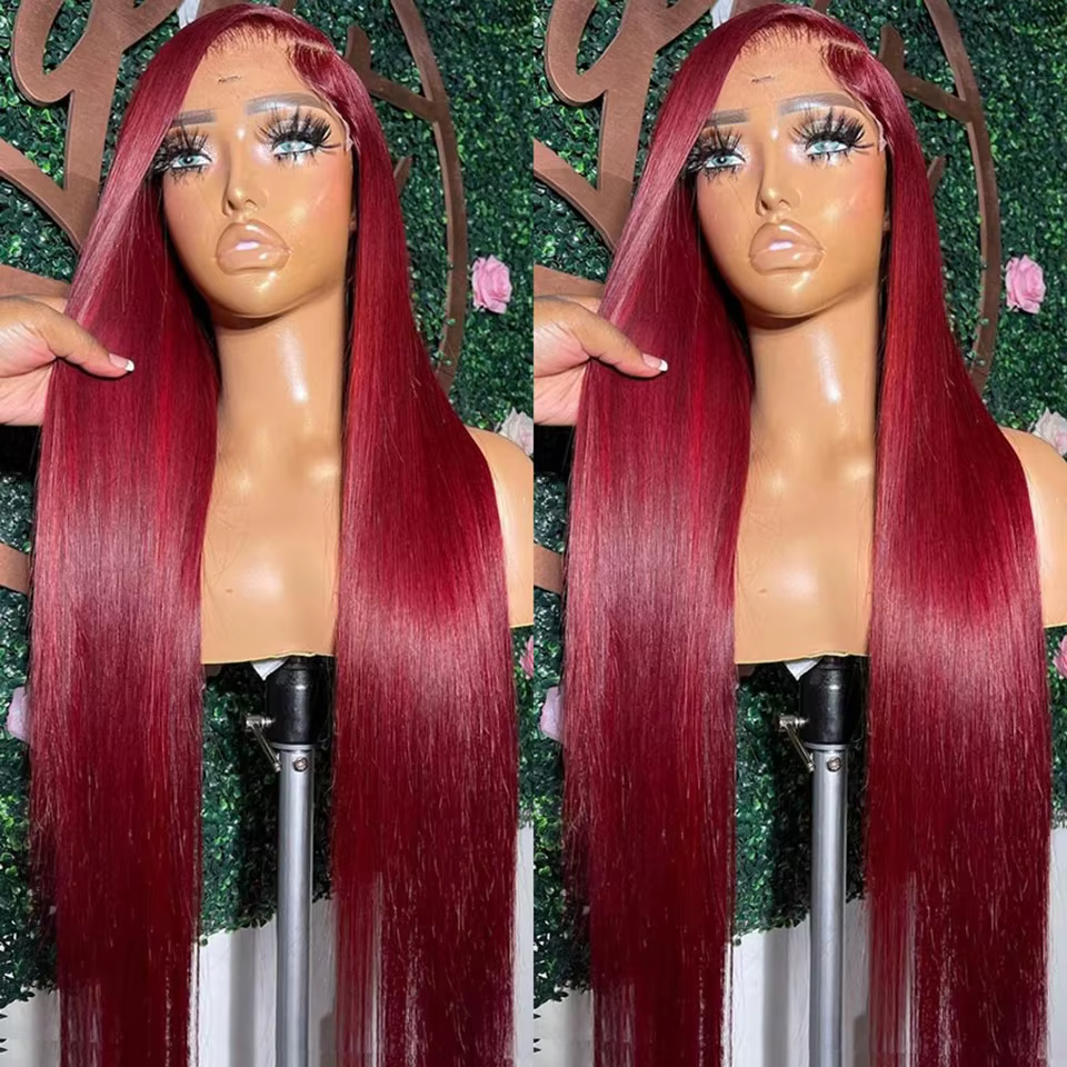 Perruque Lace Front Wig naturelle lisse-Tuneful, Sophia, cheveux humains, couleur bordeaux 99J, 13x6