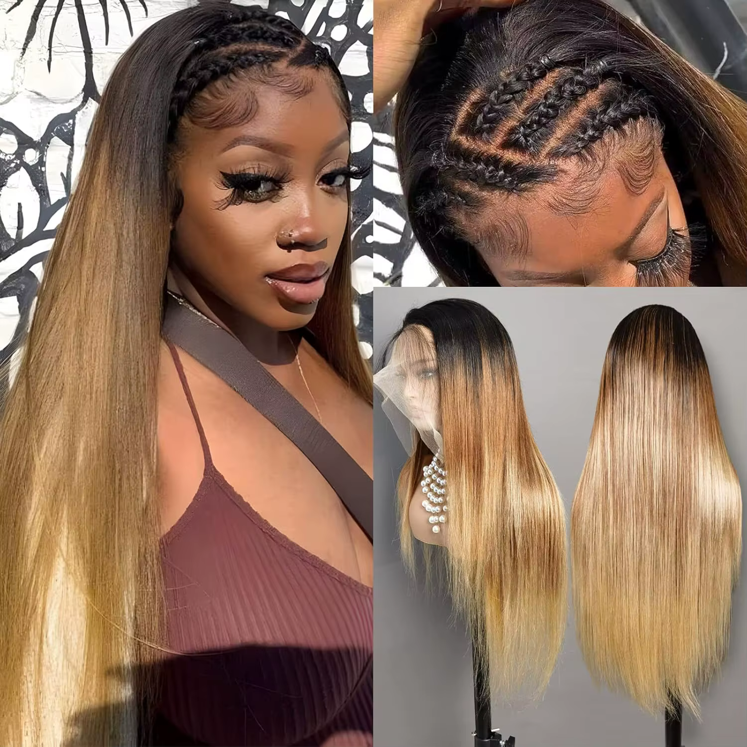 Perruque Lace Front Wig naturelle ombrée à reflets 13x6, cheveux humains, pre-plucked, OT4/30/27, co
