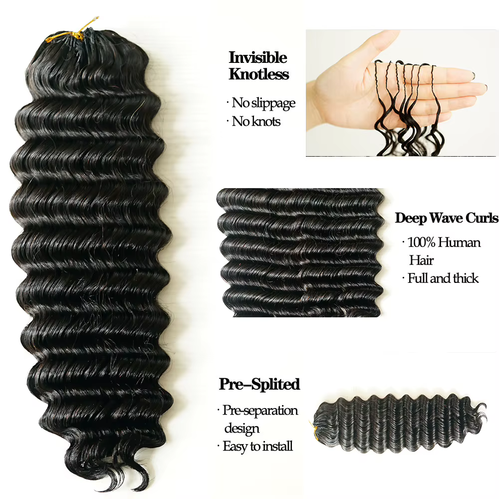 Extensions de cheveux humains 100% naturels Deep Wave, tresses au crochet sans nœuds pré-séparées, e