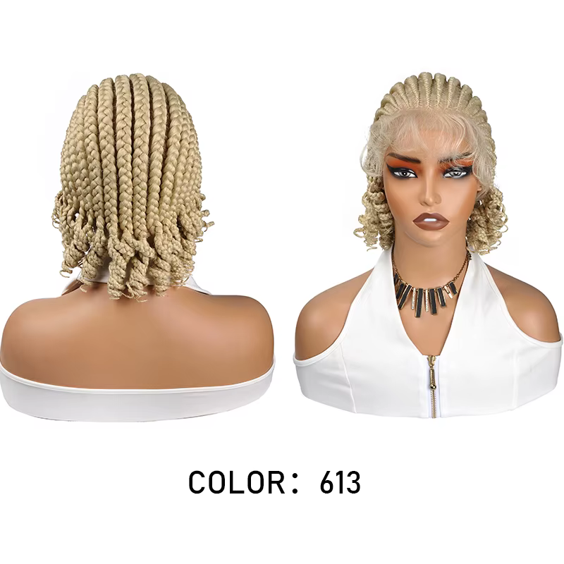 Perruque tressée courte de 8 pouces style bohème, tresses sans nœuds avec pointes bouclées, perruque