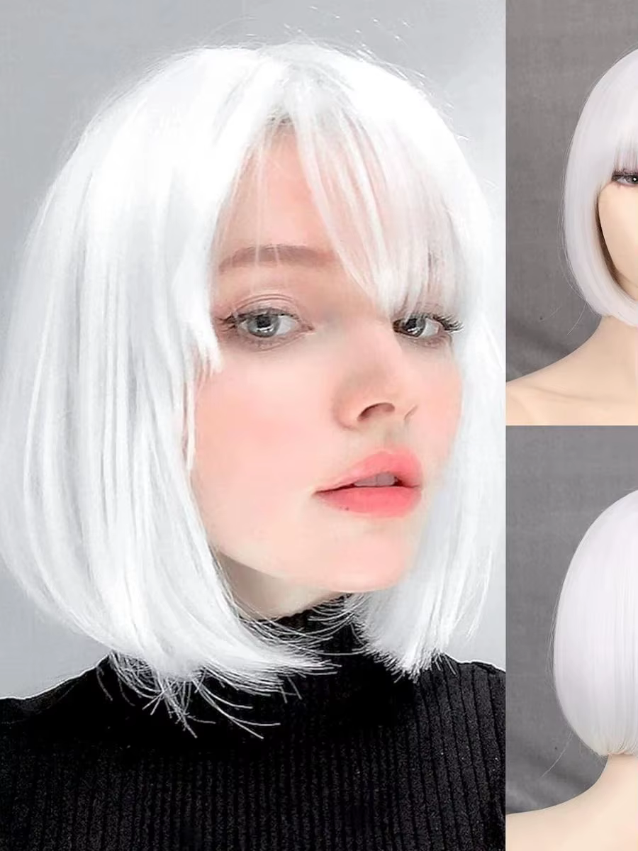 hort Perruque Bob avec frange – Cheveux en fibres synthétiques naturelles pour un usage quotidien, l