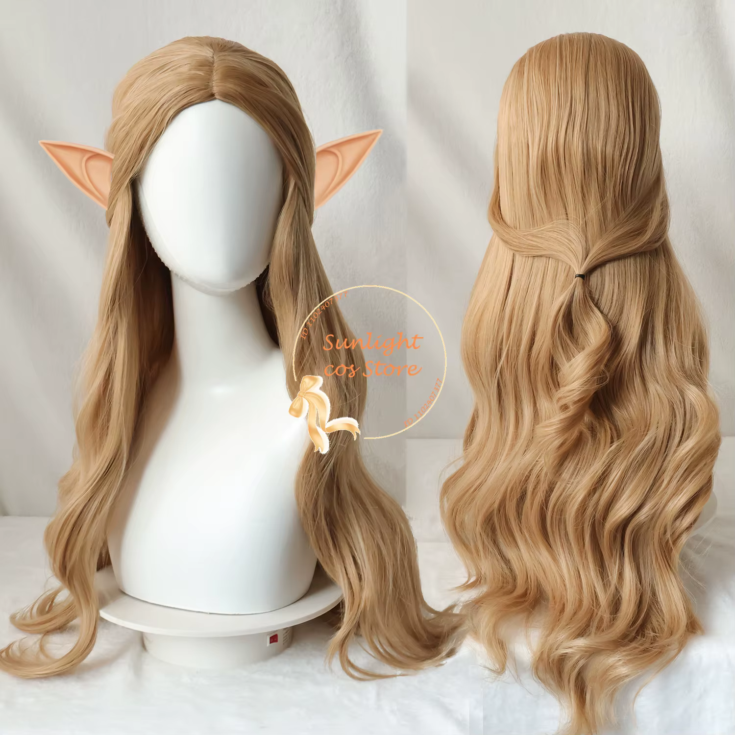 Anime Galadriel Cosplay Perruque pour Femme, Cheveux Longs Ondulés avec Oreilles, Degré de Chaleur, 