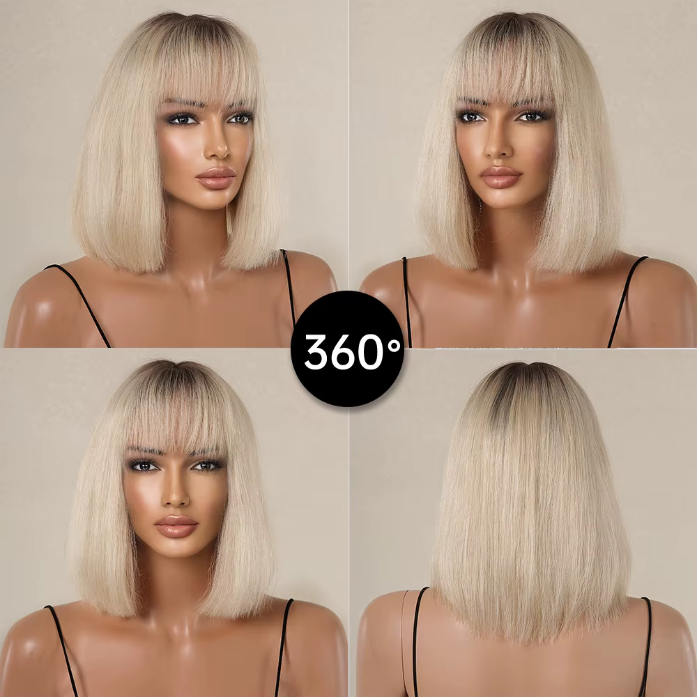 Bob Platinum Blonde Remy Human Hairs for Black Women, Natural Straight Short Wigs with Bangs, Heat D
