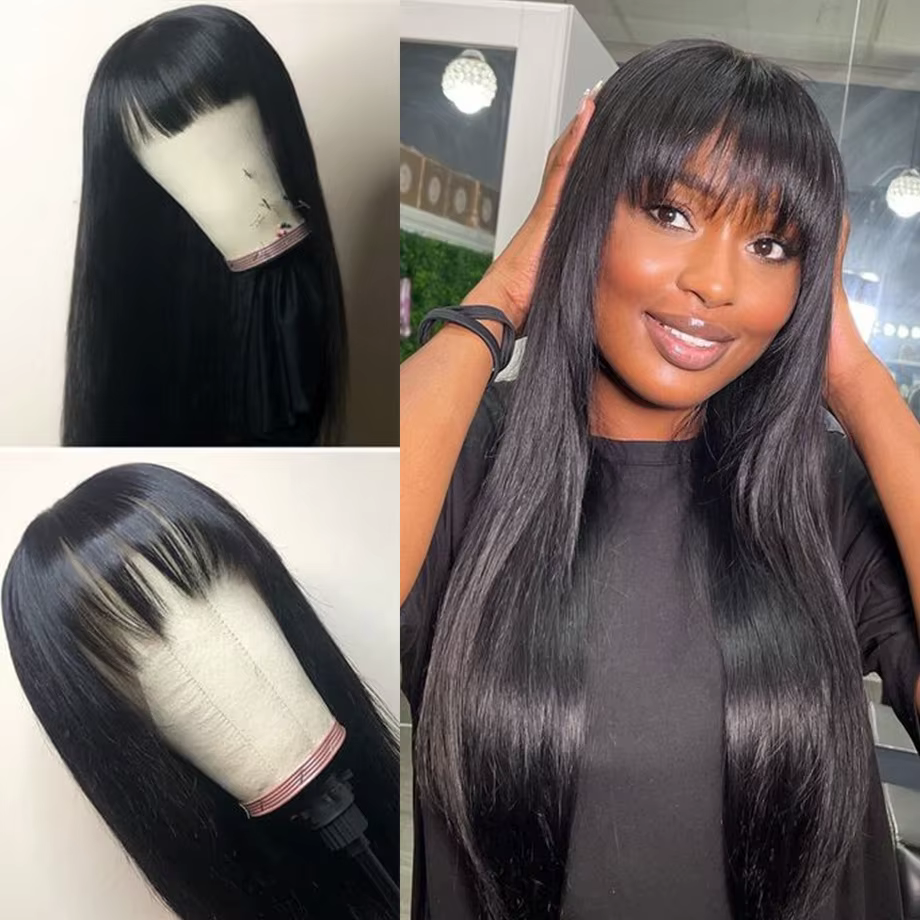 Perruques lisses en cheveux humains avec frange, partie centrale 3x1, perruques lisses pas chères po