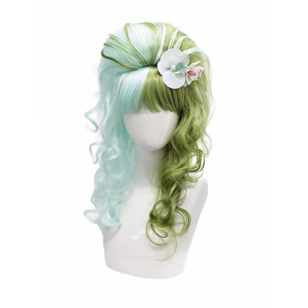 Perruque synthétique longue bouclée dégradée jaune rose double ton avec postiche florale, coiffure o