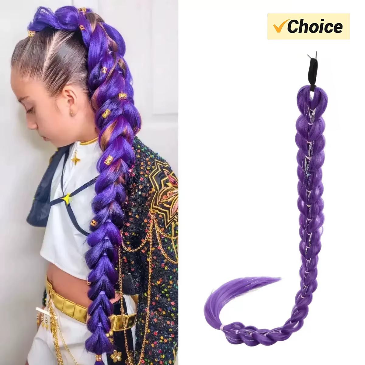 Perruque tressée synthétique violette de 32 pouces, pailletée et métallisée, pour costume de Noël po