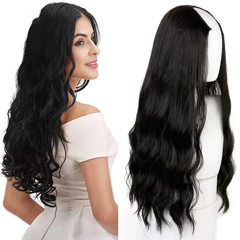 Demi-perruque longue ondulée en forme de U pour femmes, 24 pouces, perruques naturelles longues noir