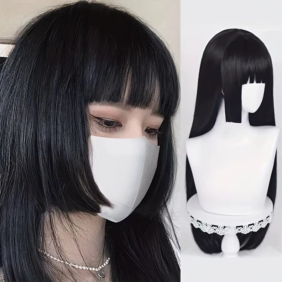 Perruque synthétique noire longue et droite naturelle avec frange, perruque de cosplay Lolita pour f