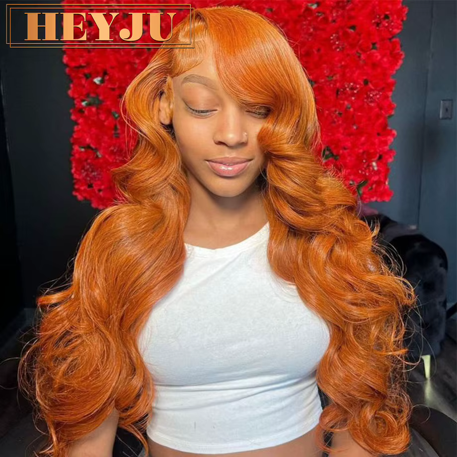 Perruque Lace Frontal Wig Body Wave brésilienne naturelle, cheveux humains, couleur Orange gingembre