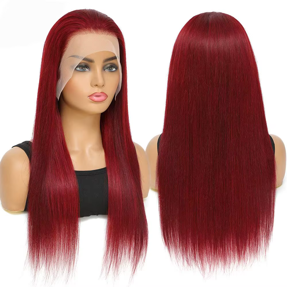 Perruque Lace Front Wig sans colle naturelle, cheveux lisses, bordeaux, HD, 5x5, 13x4, 13x6, pre-plu