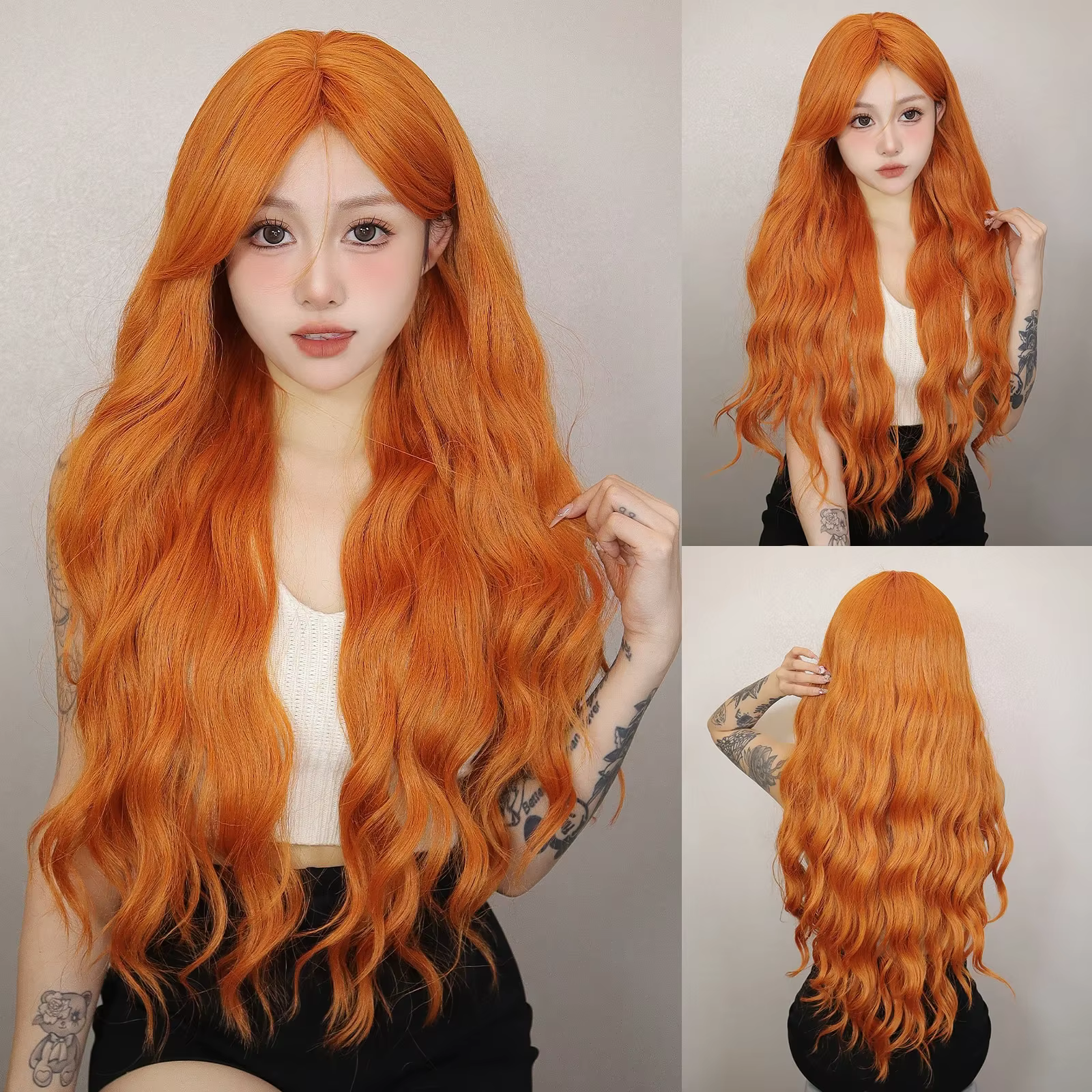 Perruque Synthétique Longue Ondulée Orange pour Femme, Cheveux Naturels Ondulés avec Longue Frange, 