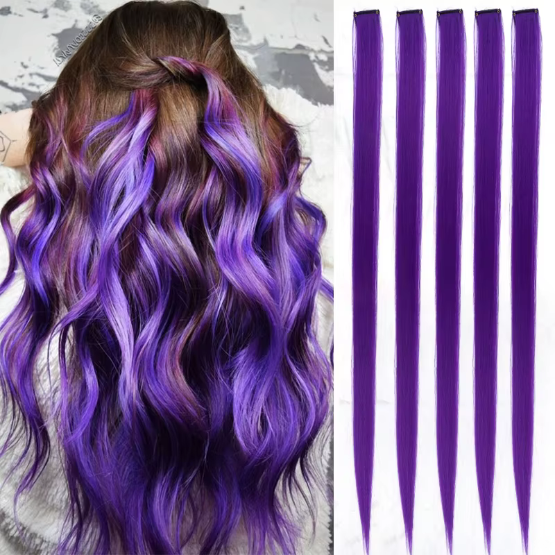 Extensions de cheveux synthétiques colorées à Clip Long de 22 pouces, 5 pièces, accessoires pour che