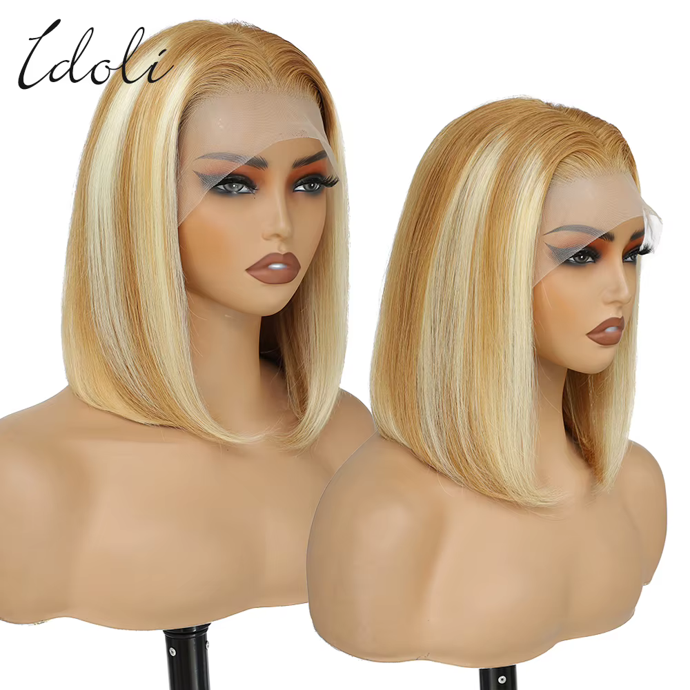 Perruque Lace Front BOB Naturelle Sans Colle HD, Cheveux Blonds à Reflets, P27/613, 13x4