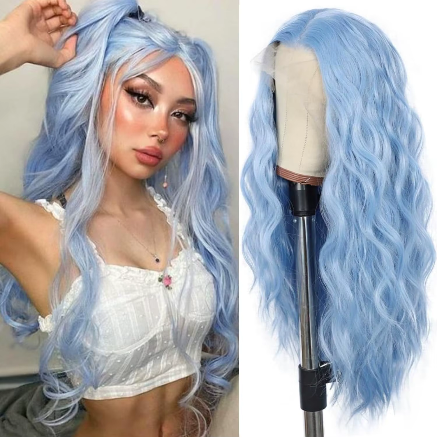 Perruque avant en dentelle ondulée bleue pour femme, cheveux longs, bleu glace, degré de chaleur, ut
