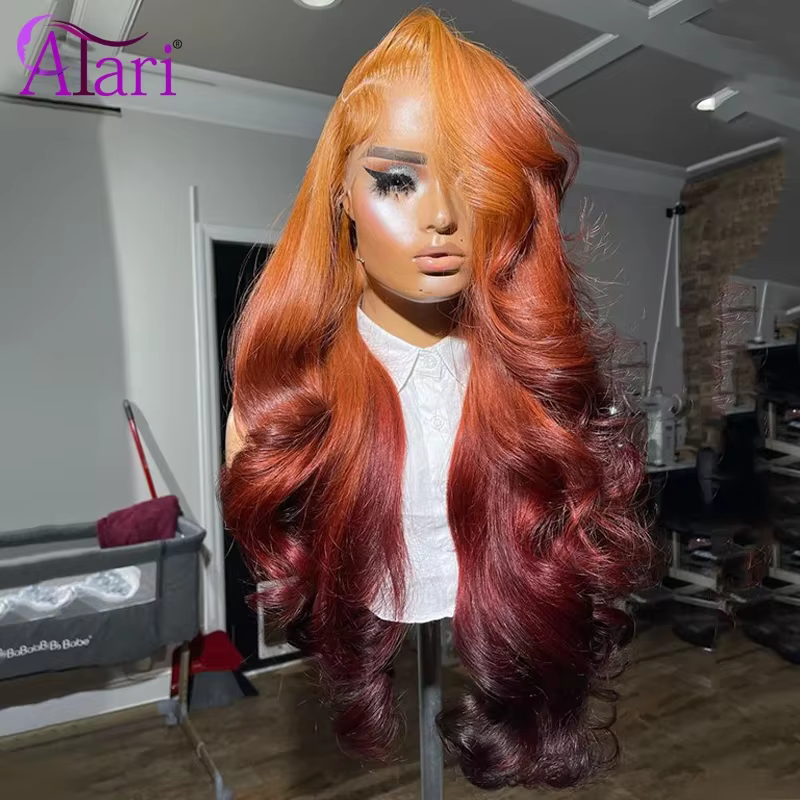Perruque Lace Front Wig naturelle ombrée orange foncé, cheveux humains, 13x4, 5x5, 13x6, pre-plucked