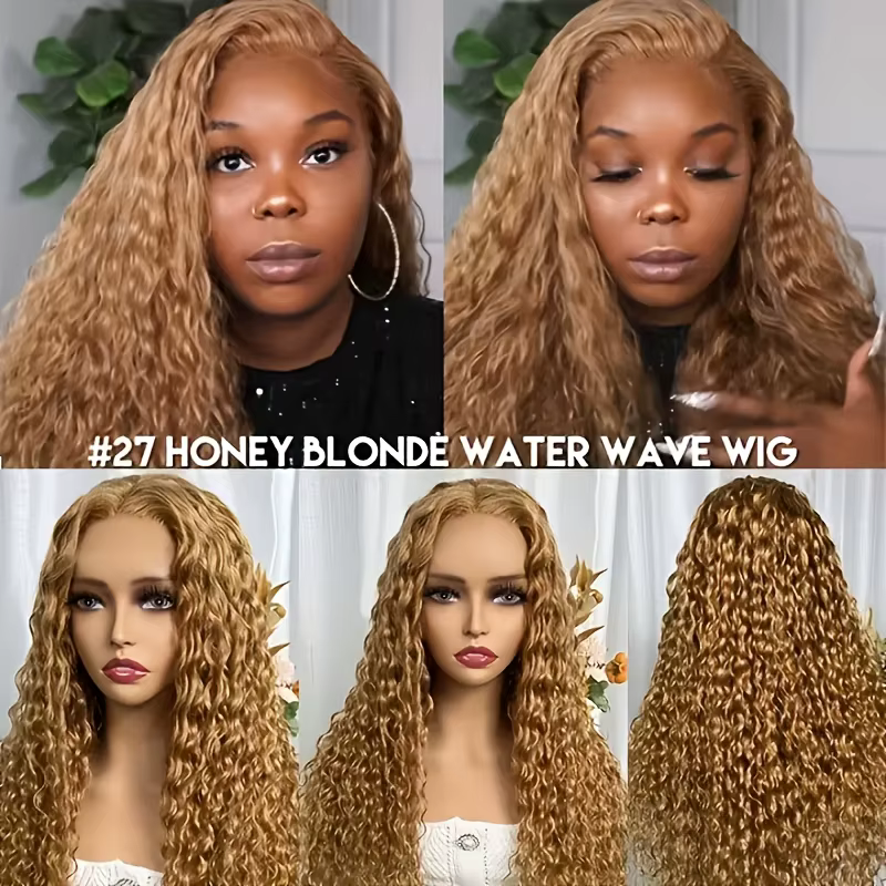 27 # Perruque Cheveux Humains Bouclés Blond Miel 13x6 HD Transparente avec Dentelle Frontale Pré-P