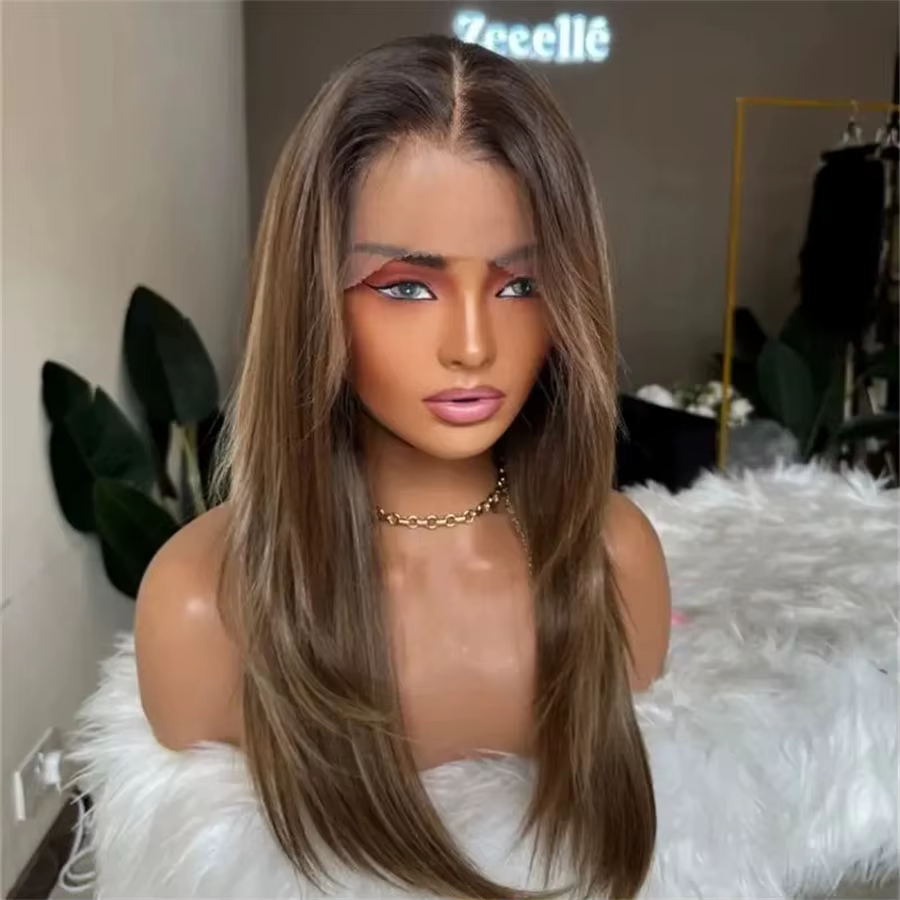 Perruque sans colle, bonnet petit et grand, marron avec mèches blondes, perruque frontale en dentell