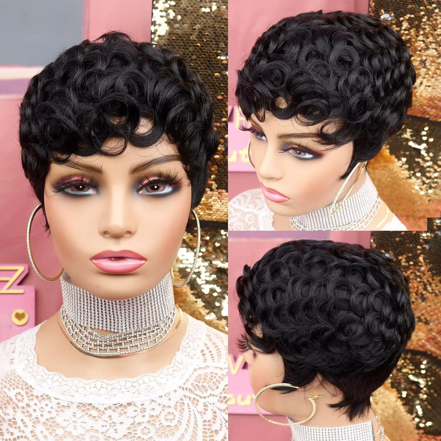 Perruques courtes Pixie pour femmes noires perruques courtes noires bouclées Pixie perruques de chev